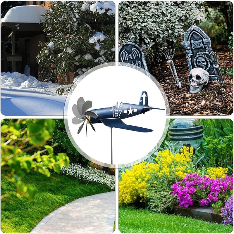 طائرة معدنية زرقاء دوارة للرياح من الفولاذ المقاوم للصدأ، منحوتة حديقة خارجية لتزيين الساحات - Image 4